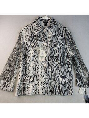 Clara S Snake Print Lace Overlay Button Jacket Sz XL Black White Artsy Mob Wife